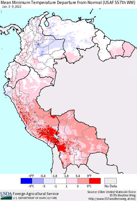 Northern South America Minimum Temperature Departure From Normal (USAF 557th WW) Thematic Map For 1/3/2022 - 1/9/2022