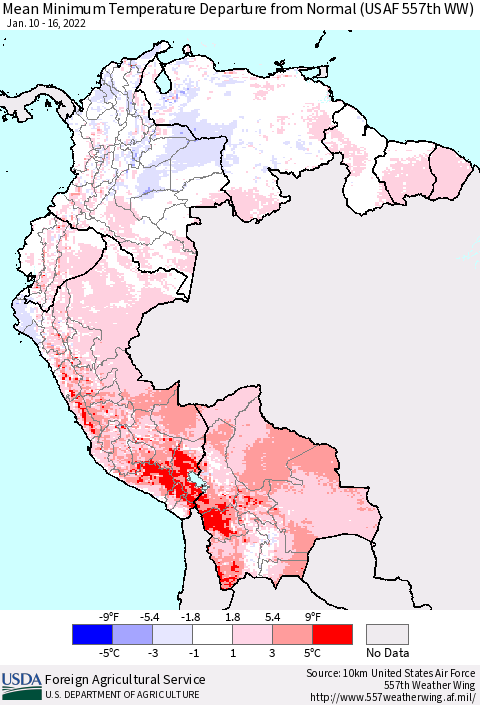 Northern South America Minimum Temperature Departure From Normal (USAF 557th WW) Thematic Map For 1/10/2022 - 1/16/2022