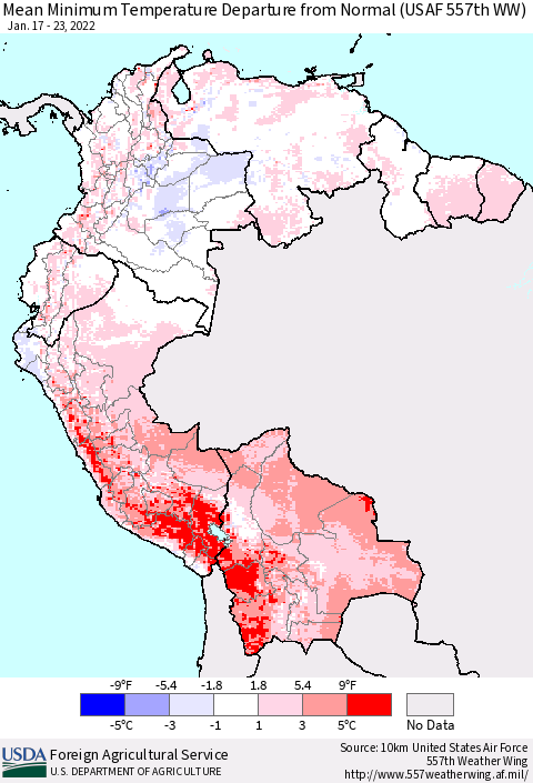 Northern South America Minimum Temperature Departure From Normal (USAF 557th WW) Thematic Map For 1/17/2022 - 1/23/2022
