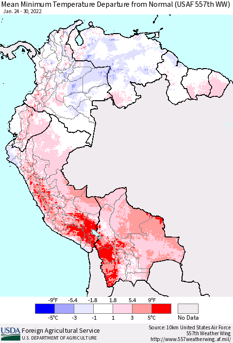 Northern South America Minimum Temperature Departure From Normal (USAF 557th WW) Thematic Map For 1/24/2022 - 1/30/2022