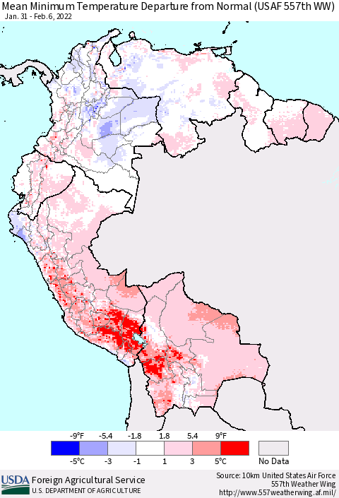 Northern South America Minimum Temperature Departure From Normal (USAF 557th WW) Thematic Map For 1/31/2022 - 2/6/2022