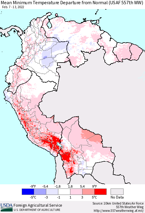 Northern South America Mean Minimum Temperature Departure from Normal (USAF 557th WW) Thematic Map For 2/7/2022 - 2/13/2022