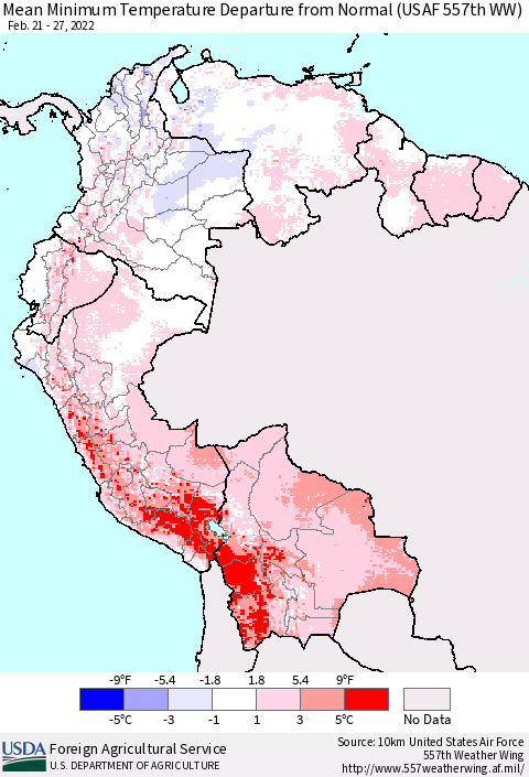 Northern South America Minimum Temperature Departure From Normal (USAF 557th WW) Thematic Map For 2/21/2022 - 2/27/2022