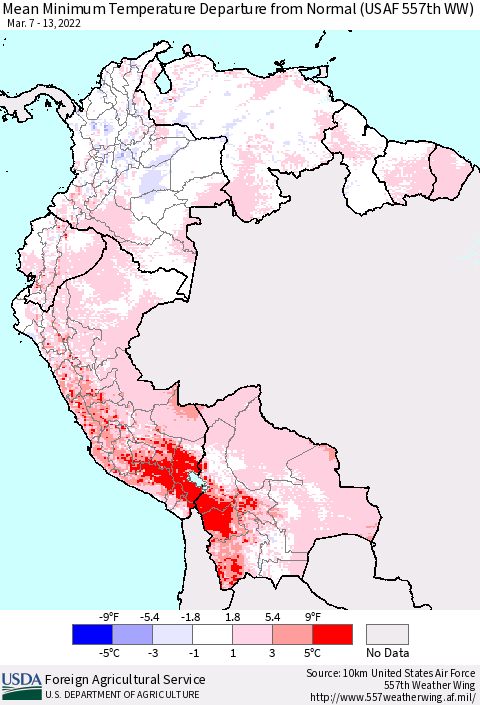 Northern South America Mean Minimum Temperature Departure from Normal (USAF 557th WW) Thematic Map For 3/7/2022 - 3/13/2022