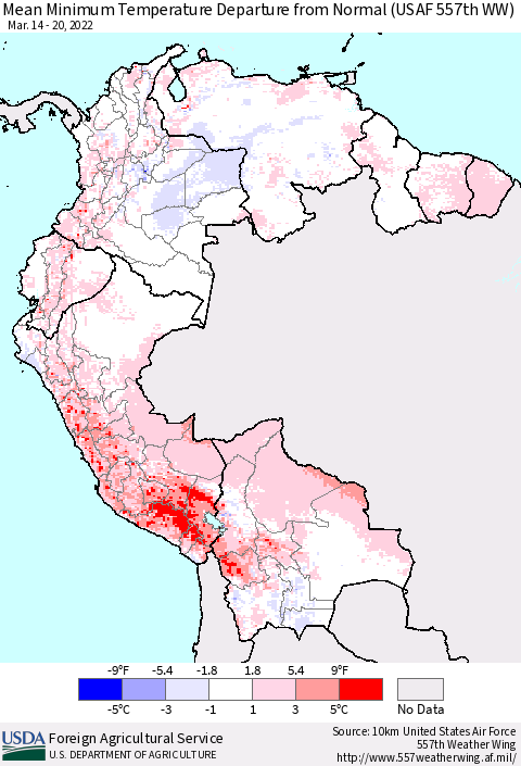 Northern South America Mean Minimum Temperature Departure from Normal (USAF 557th WW) Thematic Map For 3/14/2022 - 3/20/2022