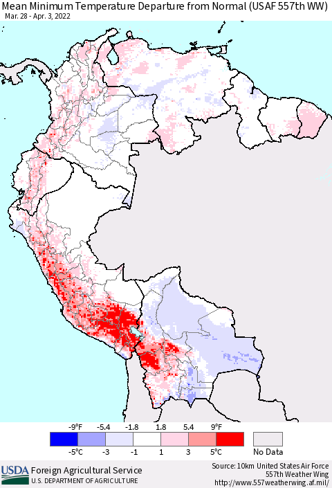 Northern South America Minimum Temperature Departure From Normal (USAF 557th WW) Thematic Map For 3/28/2022 - 4/3/2022