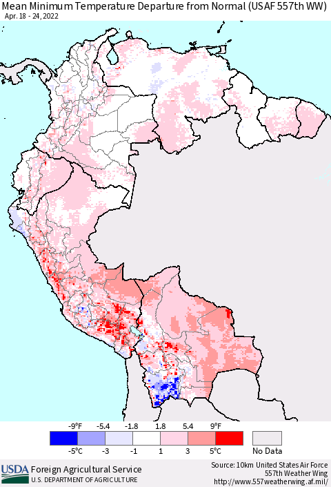 Northern South America Minimum Temperature Departure From Normal (USAF 557th WW) Thematic Map For 4/18/2022 - 4/24/2022