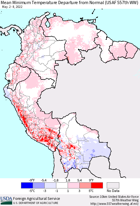 Northern South America Mean Minimum Temperature Departure from Normal (USAF 557th WW) Thematic Map For 5/2/2022 - 5/8/2022