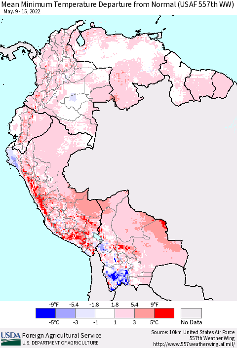 Northern South America Minimum Temperature Departure From Normal (USAF 557th WW) Thematic Map For 5/9/2022 - 5/15/2022