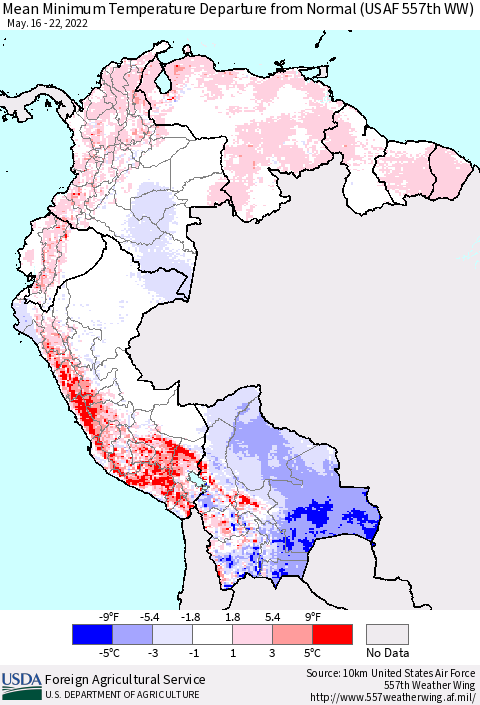 Northern South America Mean Minimum Temperature Departure from Normal (USAF 557th WW) Thematic Map For 5/16/2022 - 5/22/2022