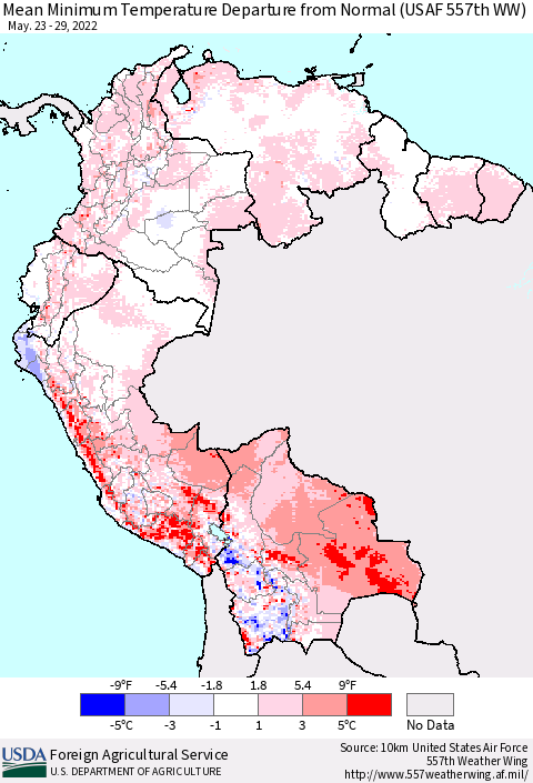 Northern South America Mean Minimum Temperature Departure from Normal (USAF 557th WW) Thematic Map For 5/23/2022 - 5/29/2022