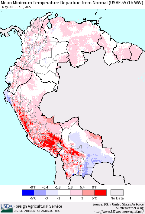 Northern South America Mean Minimum Temperature Departure from Normal (USAF 557th WW) Thematic Map For 5/30/2022 - 6/5/2022