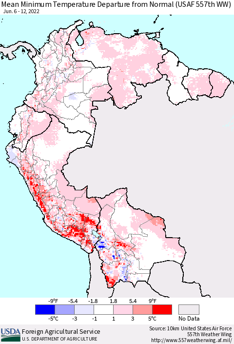 Northern South America Mean Minimum Temperature Departure from Normal (USAF 557th WW) Thematic Map For 6/6/2022 - 6/12/2022