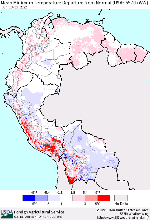 Northern South America Minimum Temperature Departure From Normal (USAF 557th WW) Thematic Map For 6/13/2022 - 6/19/2022