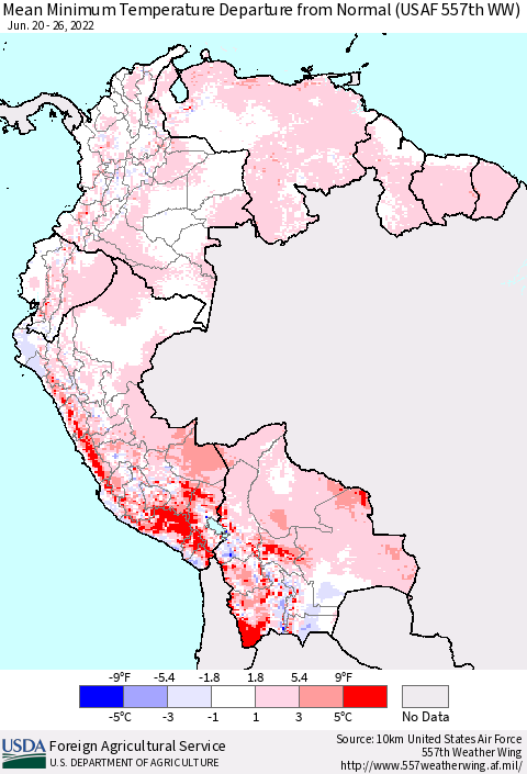 Northern South America Minimum Temperature Departure From Normal (USAF 557th WW) Thematic Map For 6/20/2022 - 6/26/2022