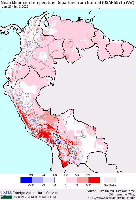 Northern South America Minimum Temperature Departure From Normal (USAF 557th WW) Thematic Map For 6/27/2022 - 7/3/2022
