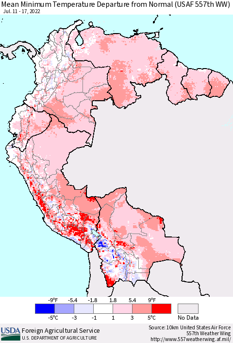 Northern South America Minimum Temperature Departure From Normal (USAF 557th WW) Thematic Map For 7/11/2022 - 7/17/2022