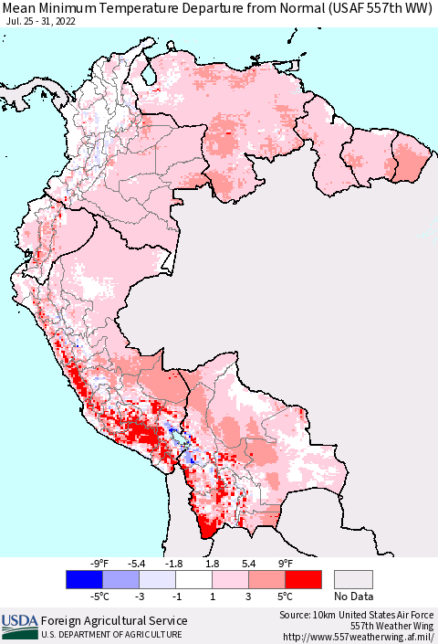 Northern South America Mean Minimum Temperature Departure from Normal (USAF 557th WW) Thematic Map For 7/25/2022 - 7/31/2022