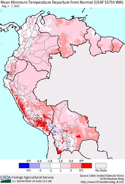 Northern South America Mean Minimum Temperature Departure from Normal (USAF 557th WW) Thematic Map For 8/1/2022 - 8/7/2022