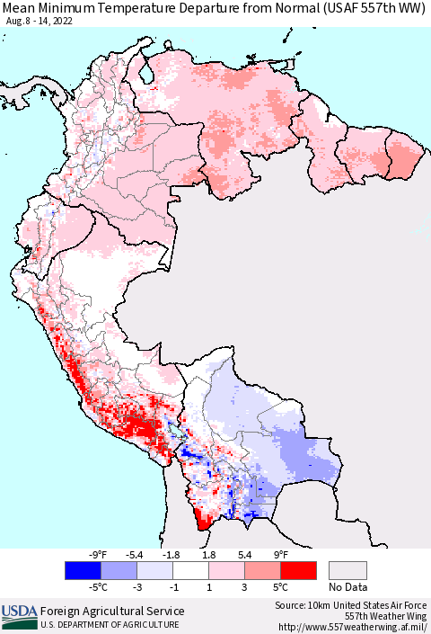 Northern South America Mean Minimum Temperature Departure from Normal (USAF 557th WW) Thematic Map For 8/8/2022 - 8/14/2022