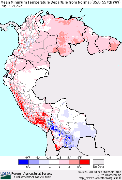 Northern South America Mean Minimum Temperature Departure from Normal (USAF 557th WW) Thematic Map For 8/15/2022 - 8/21/2022