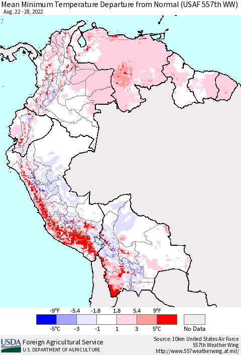 Northern South America Mean Minimum Temperature Departure from Normal (USAF 557th WW) Thematic Map For 8/22/2022 - 8/28/2022