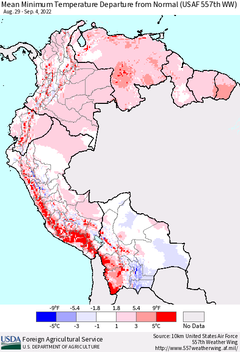 Northern South America Mean Minimum Temperature Departure from Normal (USAF 557th WW) Thematic Map For 8/29/2022 - 9/4/2022