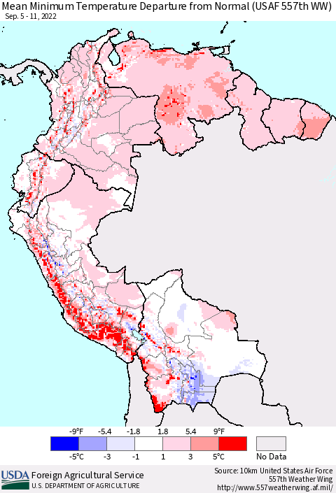 Northern South America Mean Minimum Temperature Departure from Normal (USAF 557th WW) Thematic Map For 9/5/2022 - 9/11/2022