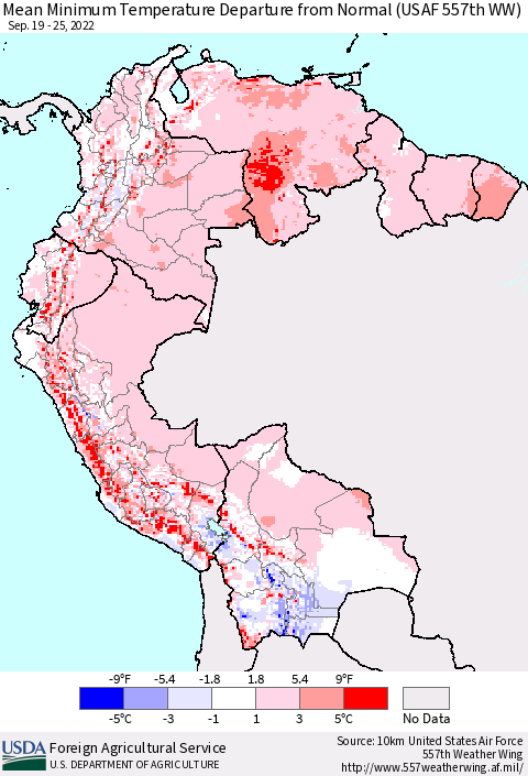 Northern South America Mean Minimum Temperature Departure from Normal (USAF 557th WW) Thematic Map For 9/19/2022 - 9/25/2022