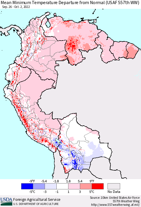 Northern South America Mean Minimum Temperature Departure from Normal (USAF 557th WW) Thematic Map For 9/26/2022 - 10/2/2022