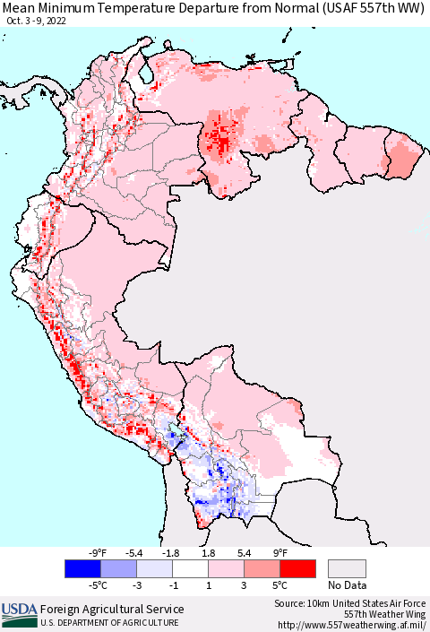 Northern South America Mean Minimum Temperature Departure from Normal (USAF 557th WW) Thematic Map For 10/3/2022 - 10/9/2022