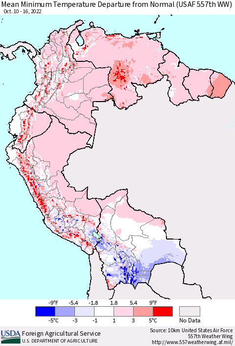 Northern South America Mean Minimum Temperature Departure from Normal (USAF 557th WW) Thematic Map For 10/10/2022 - 10/16/2022