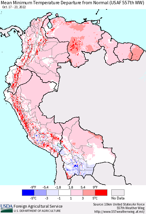 Northern South America Mean Minimum Temperature Departure from Normal (USAF 557th WW) Thematic Map For 10/17/2022 - 10/23/2022