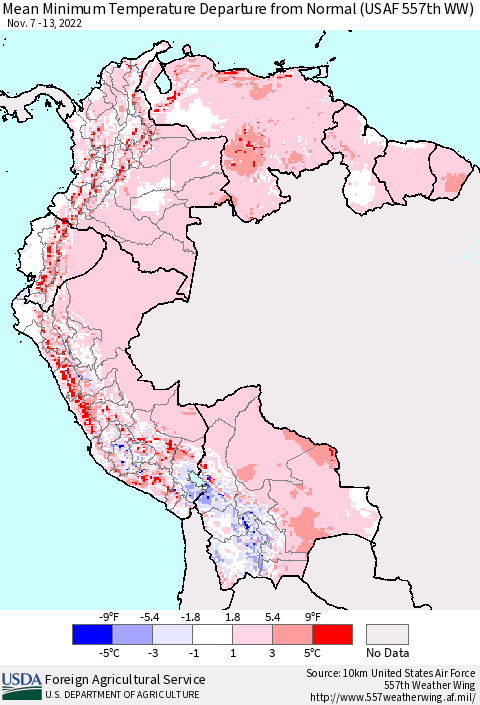 Northern South America Mean Minimum Temperature Departure from Normal (USAF 557th WW) Thematic Map For 11/7/2022 - 11/13/2022