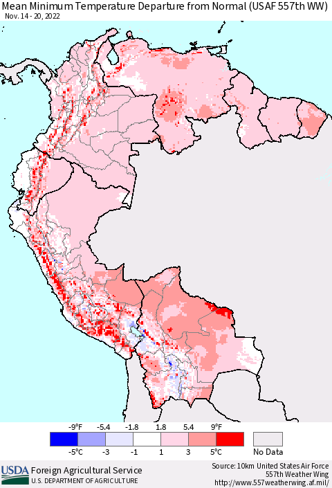 Northern South America Mean Minimum Temperature Departure from Normal (USAF 557th WW) Thematic Map For 11/14/2022 - 11/20/2022