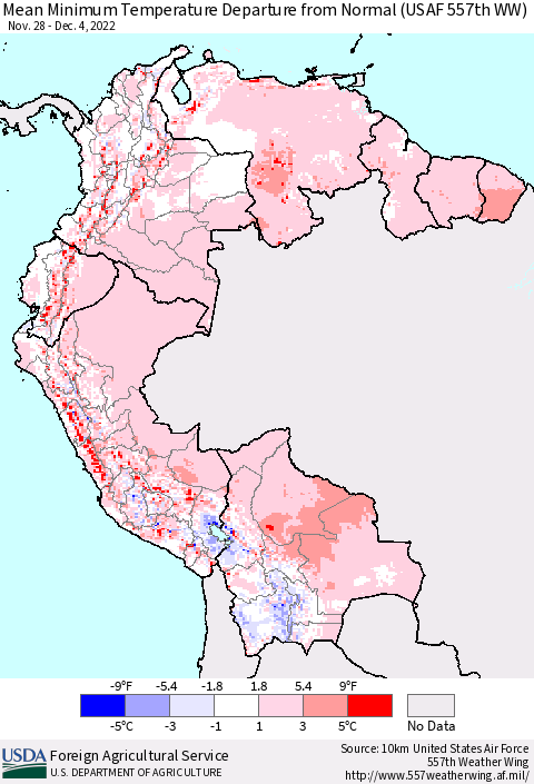 Northern South America Mean Minimum Temperature Departure from Normal (USAF 557th WW) Thematic Map For 11/28/2022 - 12/4/2022