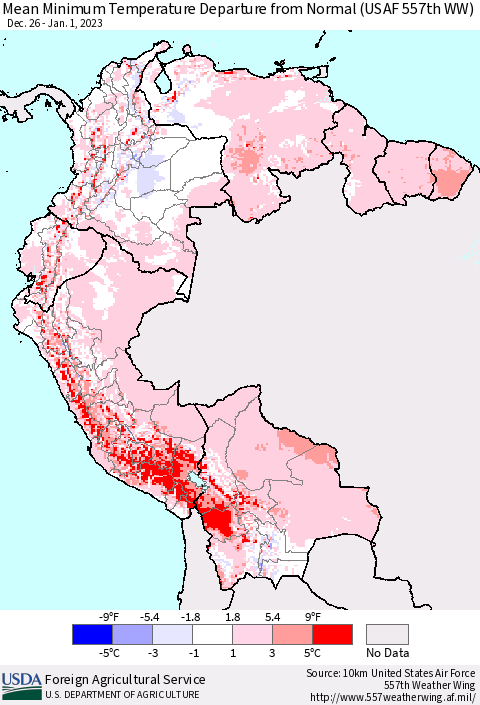 Northern South America Mean Minimum Temperature Departure from Normal (USAF 557th WW) Thematic Map For 12/26/2022 - 1/1/2023
