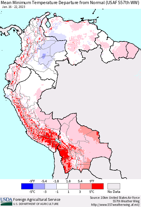 Northern South America Mean Minimum Temperature Departure from Normal (USAF 557th WW) Thematic Map For 1/16/2023 - 1/22/2023