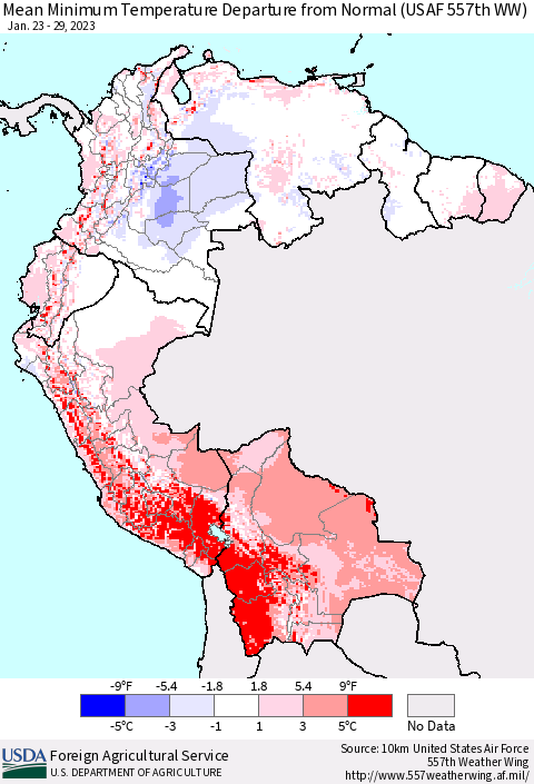 Northern South America Mean Minimum Temperature Departure from Normal (USAF 557th WW) Thematic Map For 1/23/2023 - 1/29/2023