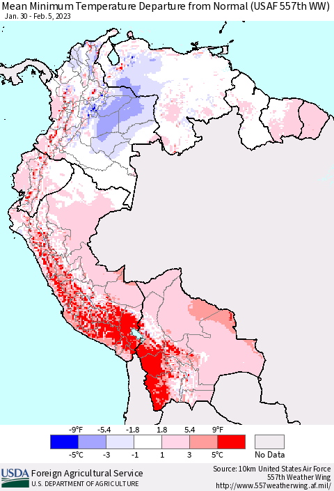 Northern South America Mean Minimum Temperature Departure from Normal (USAF 557th WW) Thematic Map For 1/30/2023 - 2/5/2023