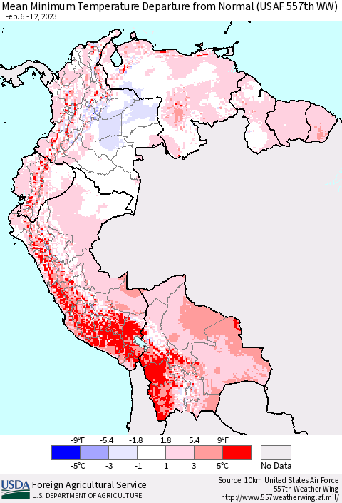 Northern South America Mean Minimum Temperature Departure from Normal (USAF 557th WW) Thematic Map For 2/6/2023 - 2/12/2023