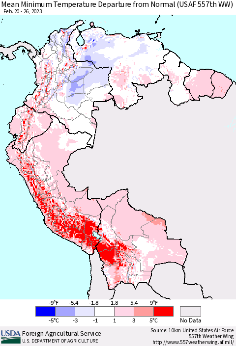 Northern South America Mean Minimum Temperature Departure from Normal (USAF 557th WW) Thematic Map For 2/20/2023 - 2/26/2023