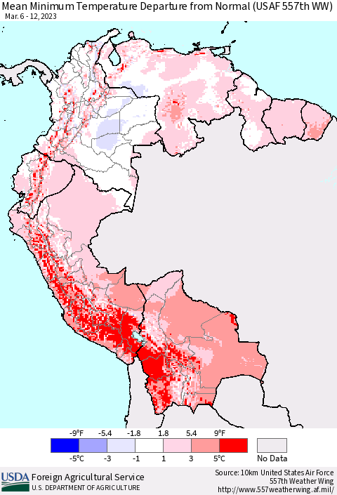 Northern South America Mean Minimum Temperature Departure from Normal (USAF 557th WW) Thematic Map For 3/6/2023 - 3/12/2023