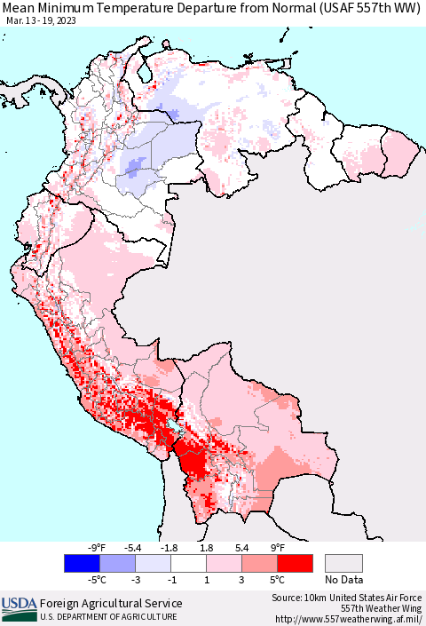 Northern South America Mean Minimum Temperature Departure from Normal (USAF 557th WW) Thematic Map For 3/13/2023 - 3/19/2023