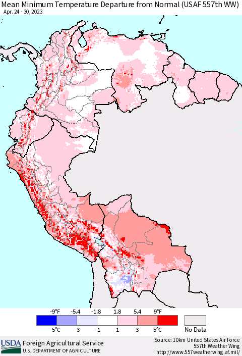 Northern South America Mean Minimum Temperature Departure from Normal (USAF 557th WW) Thematic Map For 4/24/2023 - 4/30/2023