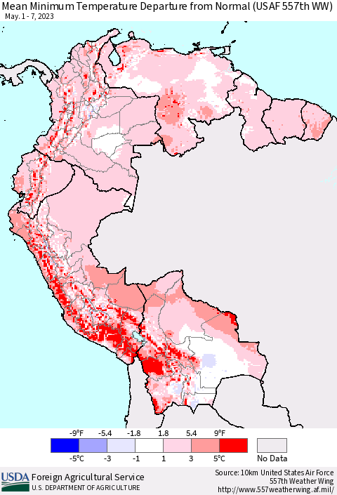 Northern South America Mean Minimum Temperature Departure from Normal (USAF 557th WW) Thematic Map For 5/1/2023 - 5/7/2023