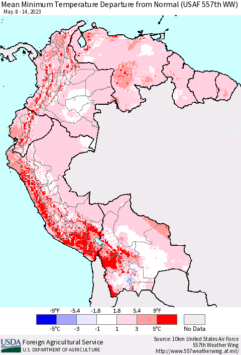 Northern South America Mean Minimum Temperature Departure from Normal (USAF 557th WW) Thematic Map For 5/8/2023 - 5/14/2023