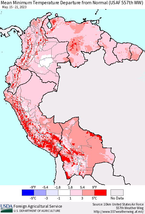 Northern South America Mean Minimum Temperature Departure from Normal (USAF 557th WW) Thematic Map For 5/15/2023 - 5/21/2023
