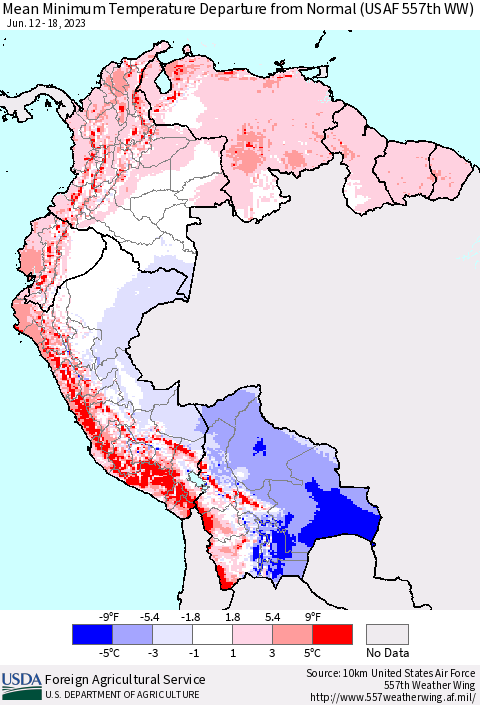 Northern South America Mean Minimum Temperature Departure from Normal (USAF 557th WW) Thematic Map For 6/12/2023 - 6/18/2023