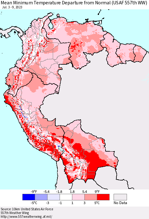 Northern South America Mean Minimum Temperature Departure from Normal (USAF 557th WW) Thematic Map For 7/3/2023 - 7/9/2023